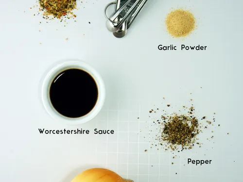 Ingredients for chicken fricassee labeled -- Mrs. Dash, garlic powder, Worcestershire sauce, pepper, and onion