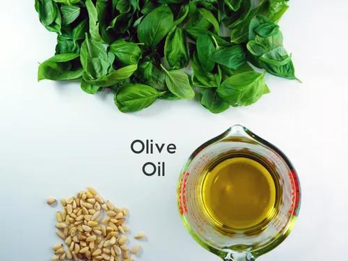 Ingredients for pesto labeled -- basil, olive oil, pine nuts, and garlic