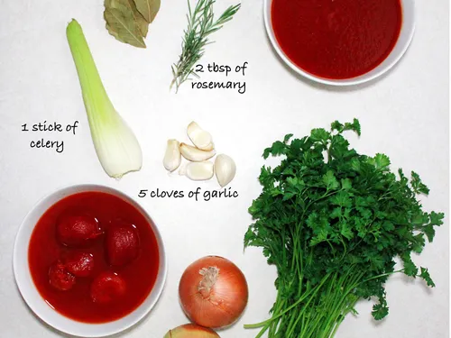 Ingredients for ragu labeled -- olive oil, tomato paste, tomato sauce, bay leaves, rosemary, celery, garlic, whole tomatoes, onions, and parsley