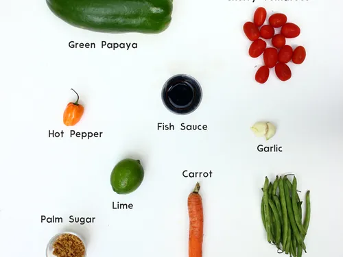 Ingredients for green papaya salad labeled -- green papaya, cherry tomatoes, hot pepper, fish sauce, garlic, lime, palm sugar, carrot, and string beans