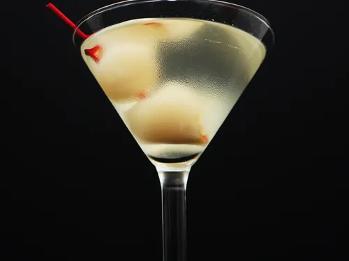 Overhead view of the lychee martini showing the lychee garnish floating in the glass
