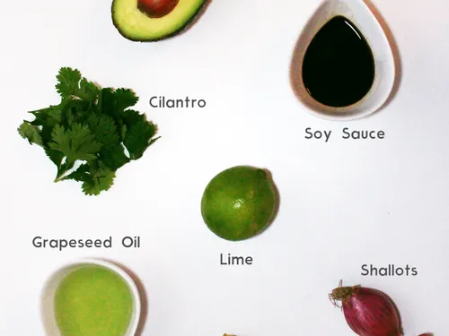 Ingredients for oriental ceviche labeled -- avocado, cilantro, soy sauce, lime, grapeseed oil, ginger, and shallots
