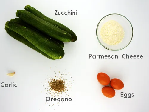 Ingredients labeled -- zucchini, parmesan cheese, garlic, oregano, and eggs