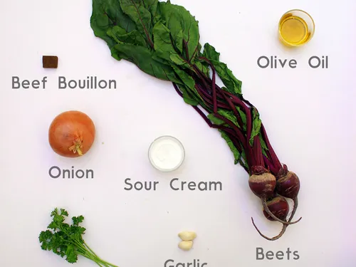 Ingredients for beet soup labeled -- beets, onion, garlic, parsley, olive oil, sour cream, and beef bouillon
